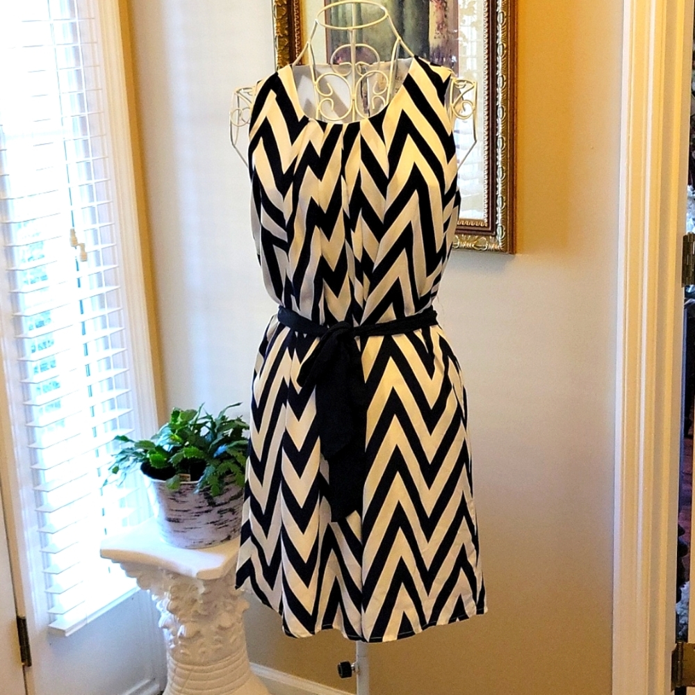 FRANCESCA'S COLLECTION navy white chevron stripe sleeveless dress tie waist Sm…